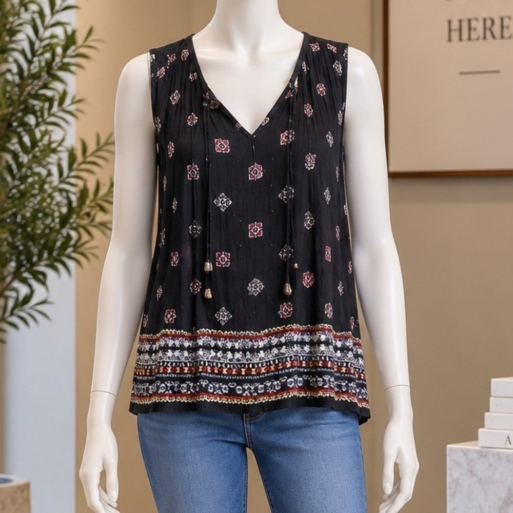 Boho Sleeveless Blouse Black Geometric Tassel Tie Neck Festival Top XS